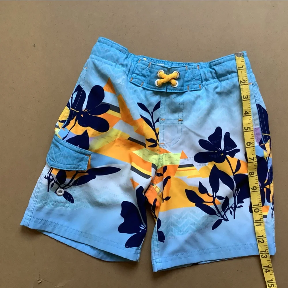 Blue and Orange Patterned Swim Trunk Shorts